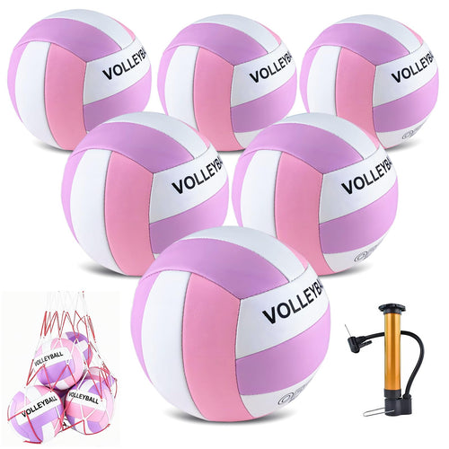 6 Pack Volleyballs Official Size 5, Soft Bulk Recreational Volley Balls with Pump & Net Bag for Indoor Outdoor Beach Pool Water 