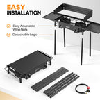 Rovsun 2 Burner Gas Stove With Side Shelves, 150,000 Btu Portable Propane Stove With Removable Legs, Wind Panels & Regulator For