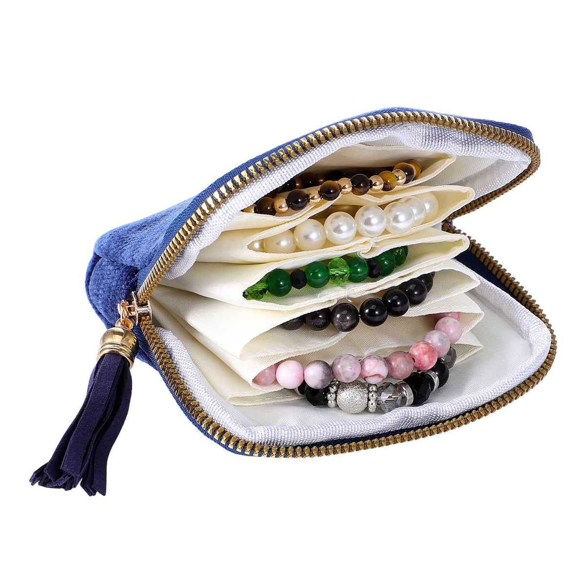 WJIAAA Small Blue Velvet Travel Jewelry Pouch, Mini Jewelry Case with Compartments Zipper, Mini Portable Organizer with Tassel Z