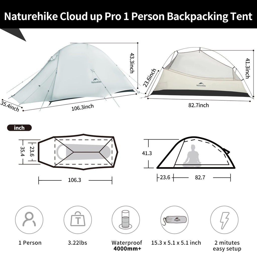 Naturehike Cloud-Up 1 Person Tent, Lightweight Backpacking Tents For One Man, Waterproof Ultralight One Person Tent For Camping