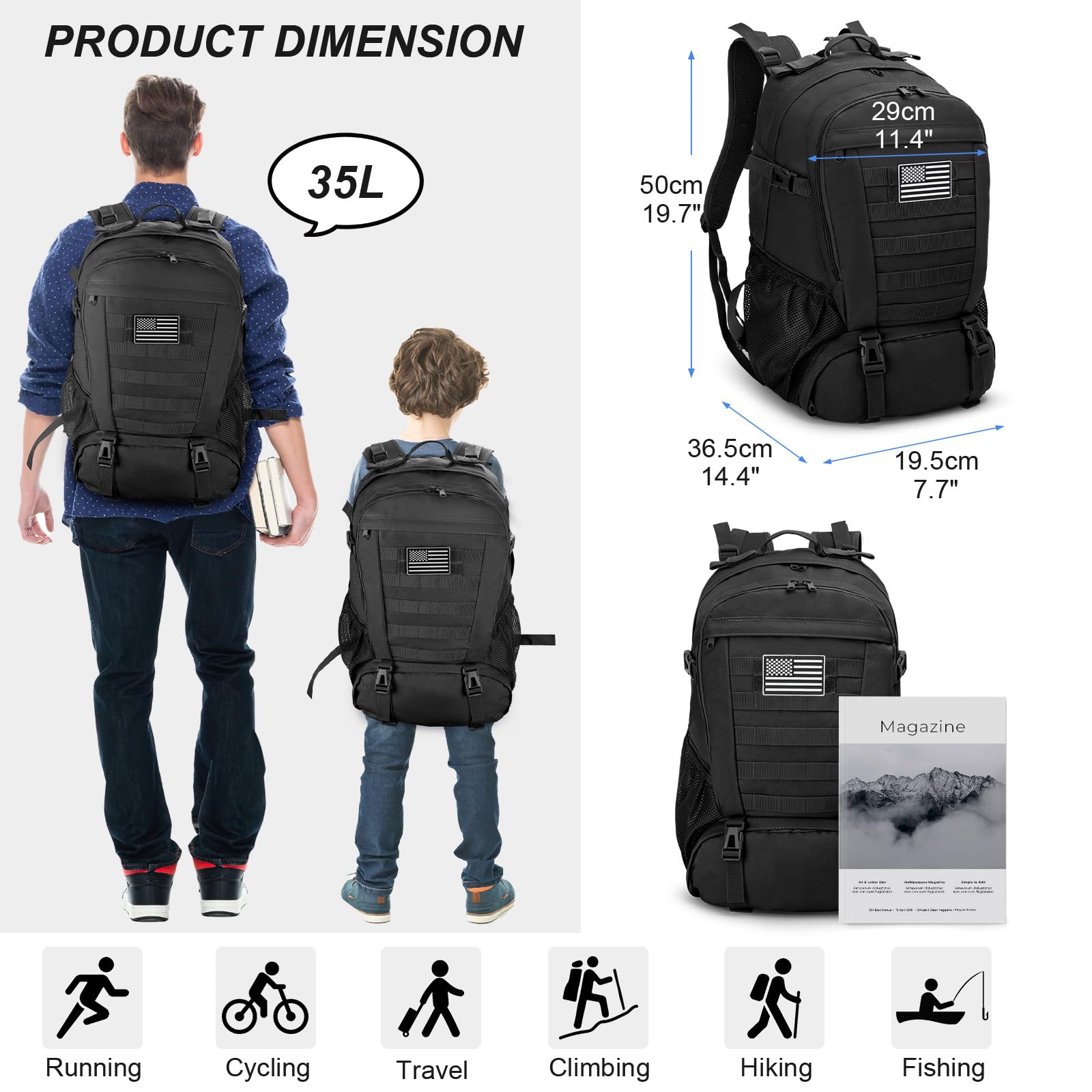 Jueachy Tactical Backpack 35L Military Bag: Waterproof Army Hiking Backpack Molle Bookbag Edc Bag
