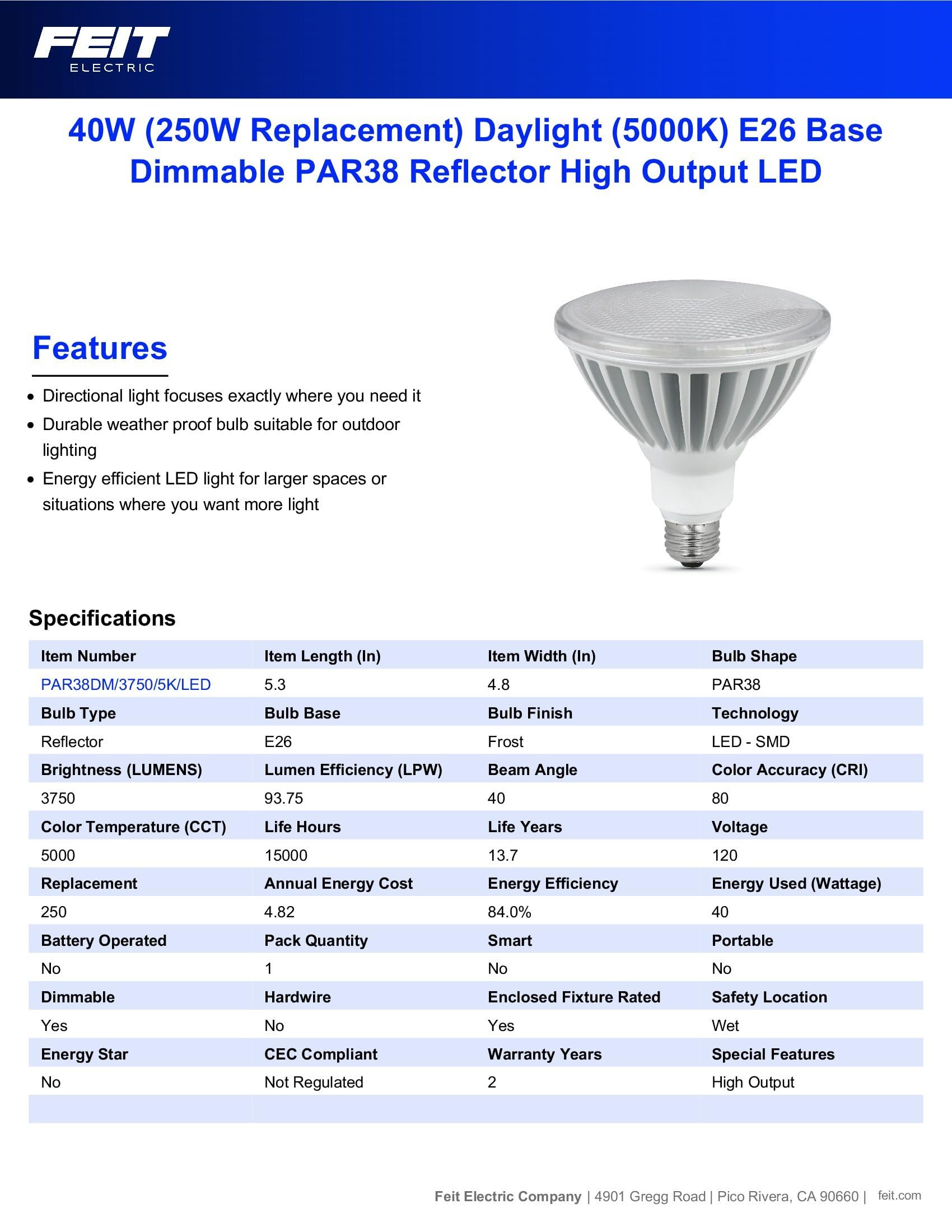 250W Led Par38 5000K Dim (Pack Of 1)