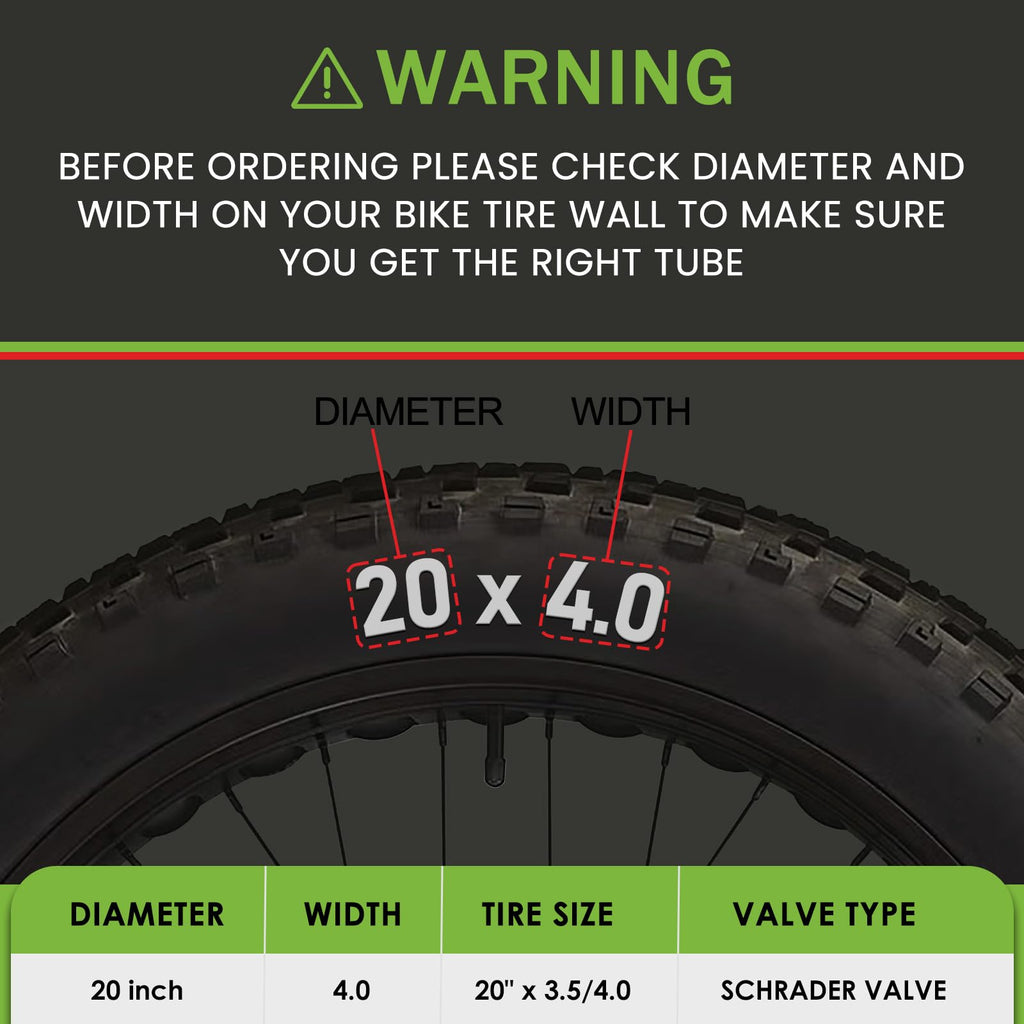 Pakchef 20 X 4.0 Fat Tire Tube For 20X3.5/4.0 E-Bike Bicycle Fat Tire Tubes Schrader Valve - 20 Inch Butyl Rubber Bike Inner Tub