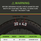 Pakchef 20 X 4.0 Fat Tire Tube For 20X3.5/4.0 E-Bike Bicycle Fat Tire Tubes Schrader Valve - 20 Inch Butyl Rubber Bike Inner Tub