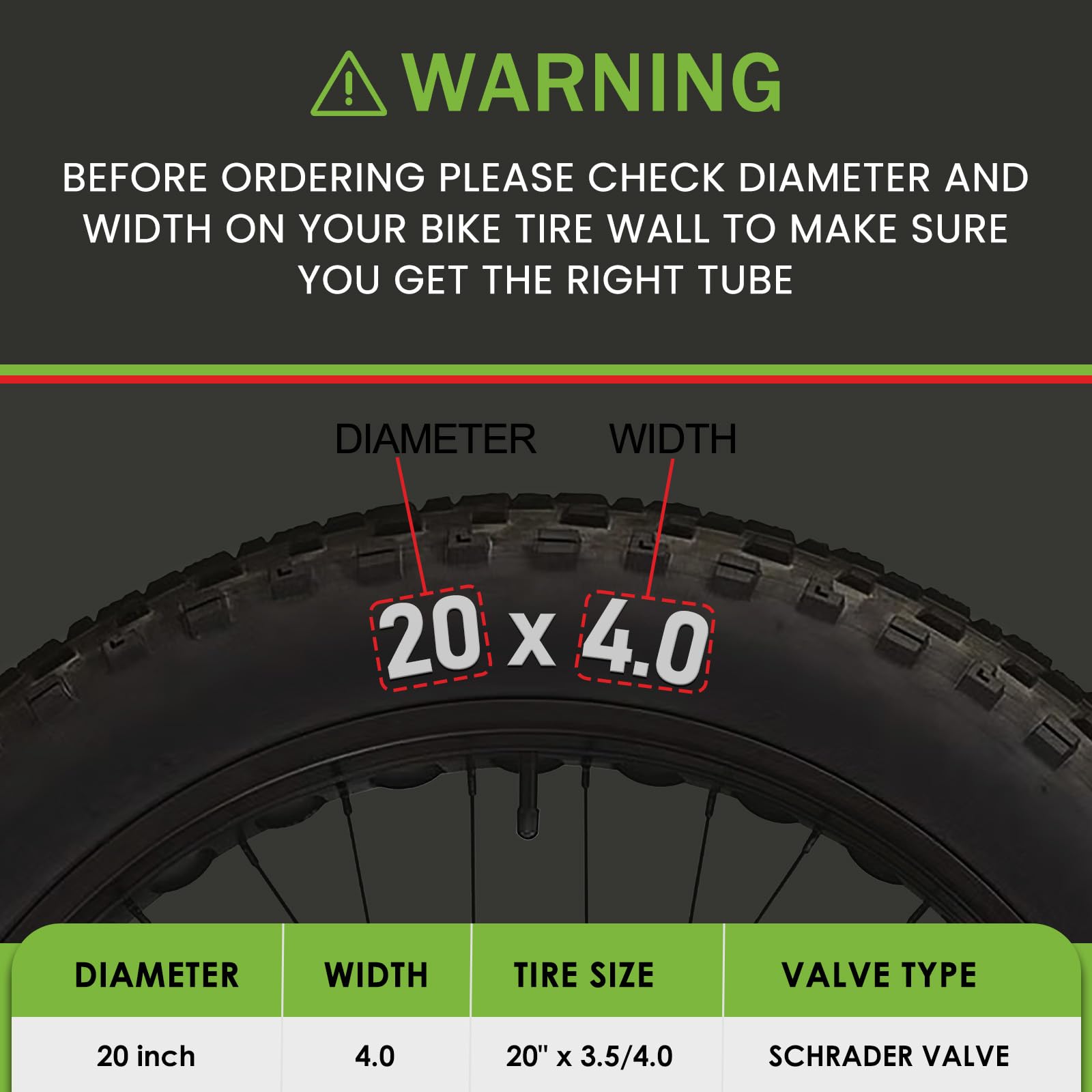 Pakchef 20 X 4.0 Fat Tire Tube For 20X3.5/4.0 E-Bike Bicycle Fat Tire Tubes Schrader Valve - 20 Inch Butyl Rubber Bike Inner Tub