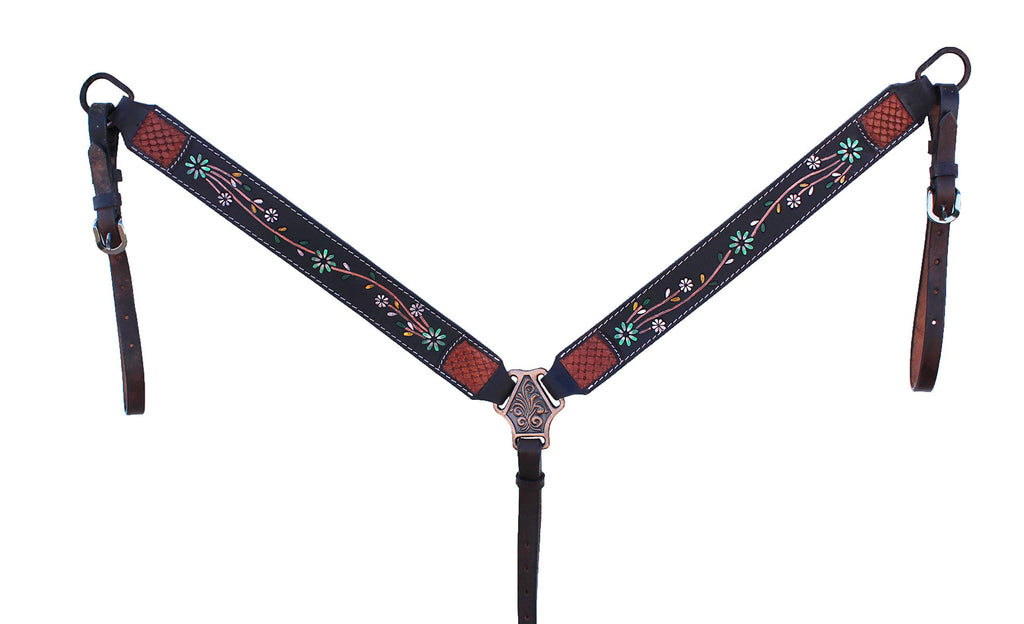 Challenger Horse Western Floral Tooled Browband Bridle & Breast Collar Tack Set 78Hr25B