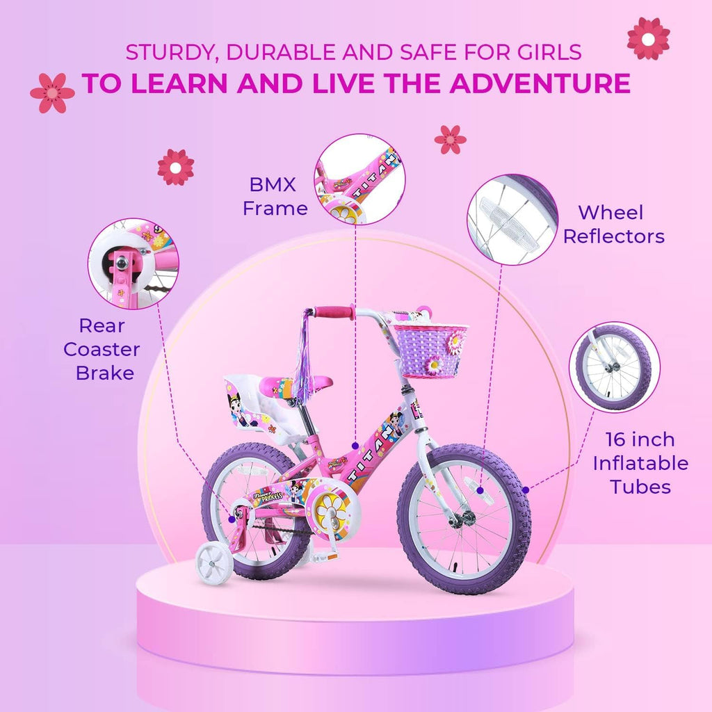 Titan Girl'S Flower Princess Bmx Bike For 4-9 Years Girls With Training Wheels 16 Inch Kids Toddler Bicycle With Utility Basket