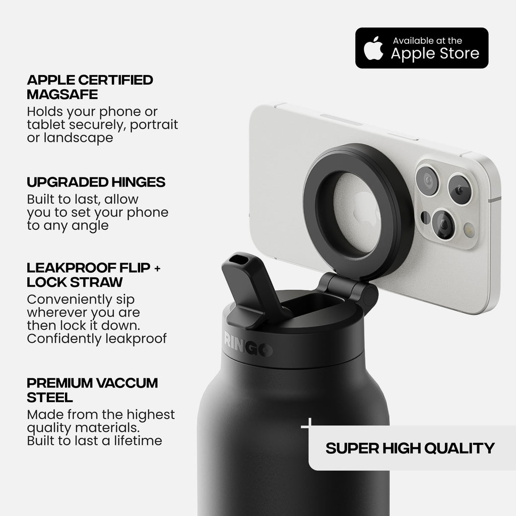 Ringo PRO Water Bottle with Magnetic Phone Mount & Sip Straw Lid - Insulated Stainless Steel Bottle for Workouts, Content Creati