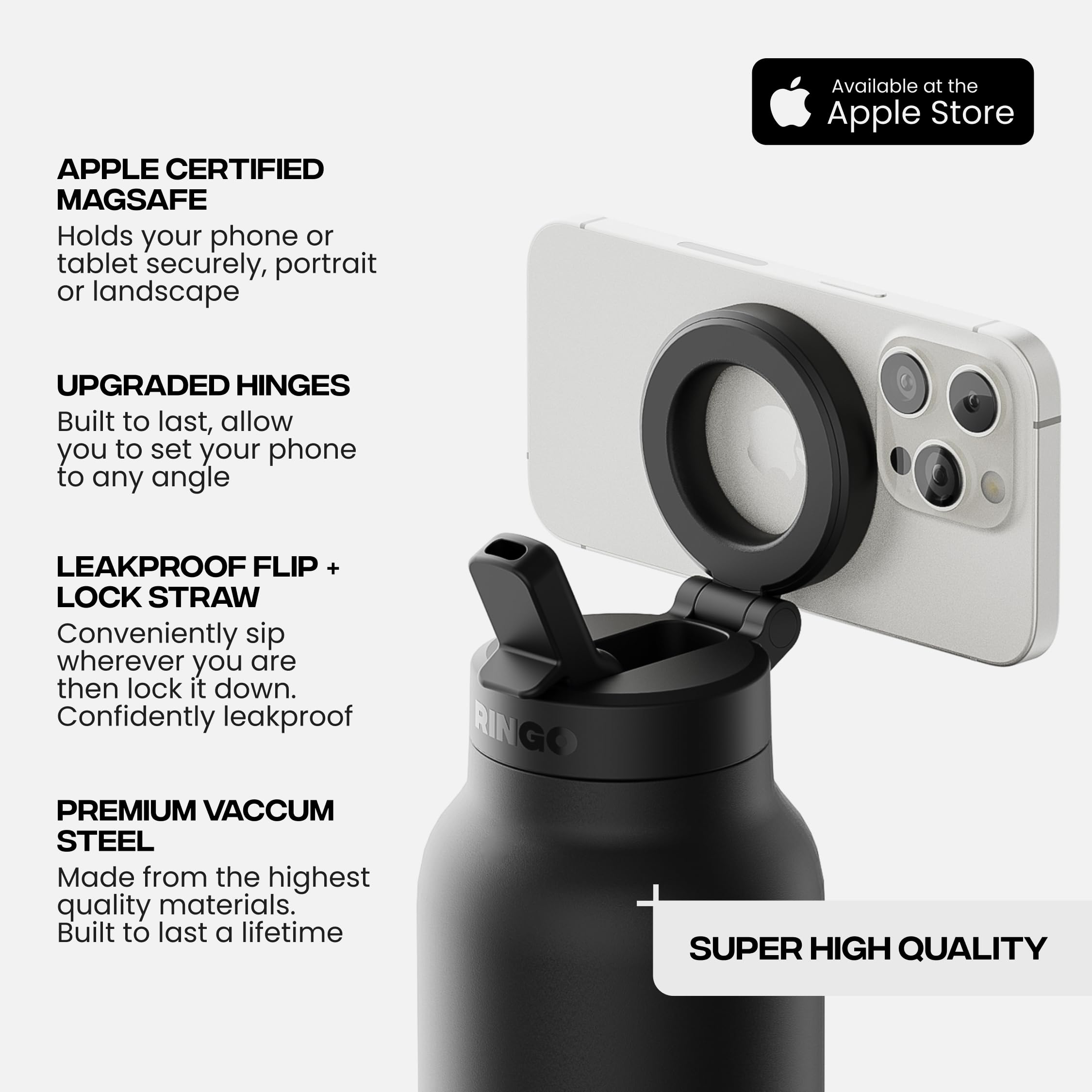 Ringo PRO Water Bottle with Magnetic Phone Mount & Sip Straw Lid - Insulated Stainless Steel Bottle for Workouts, Content Creati
