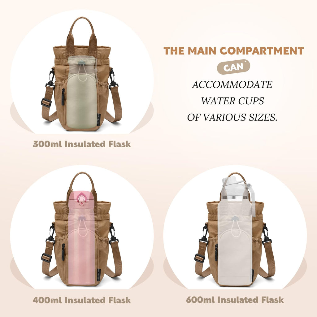 GOLF QUALITY Large Water Bottle Bag for 32/40/42//64oz Water Bottle,Casual Drawstring Crossbody Water Cup Bag,Brown