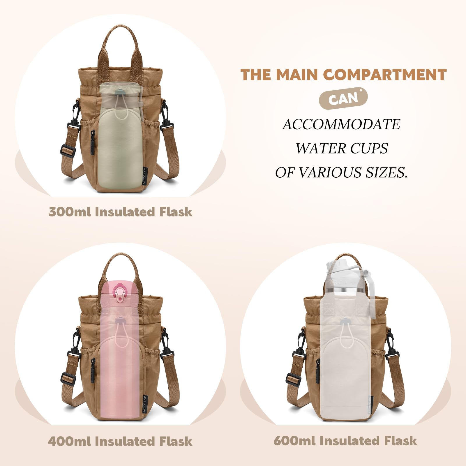 GOLF QUALITY Large Water Bottle Bag for 32/40/42//64oz Water Bottle,Casual Drawstring Crossbody Water Cup Bag,Brown