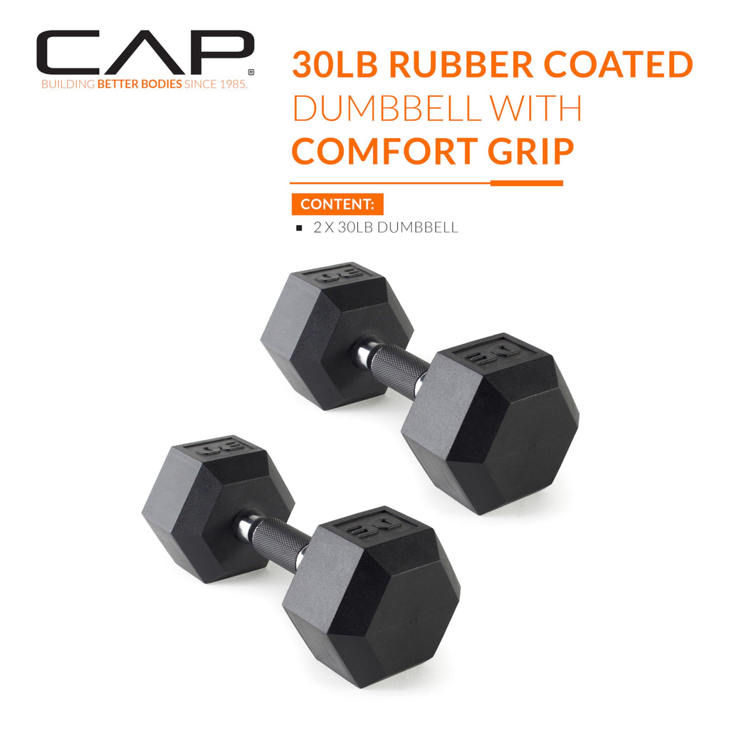 CAP Barbell 30 LB Rubber Coated Hex Dumbbell Hand Weight with Padded Grip - Pair | Comfort Grip