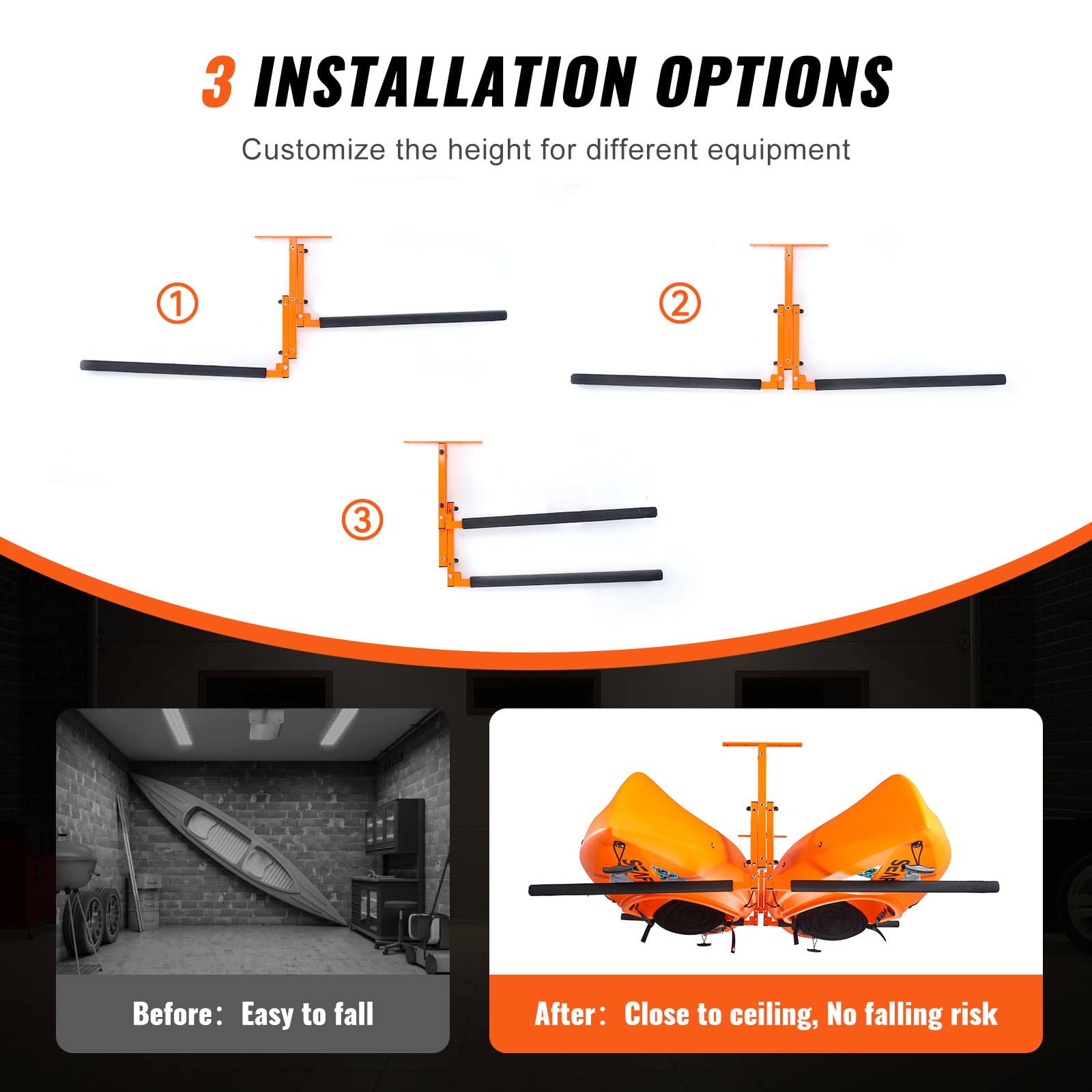 Vevor Kayak Ceiling Storage Rack, Ceiling Storage Rack For 2 Kayak Canoe Sup, Adjustable Height Overhead Kayak Holder Hanger Wit