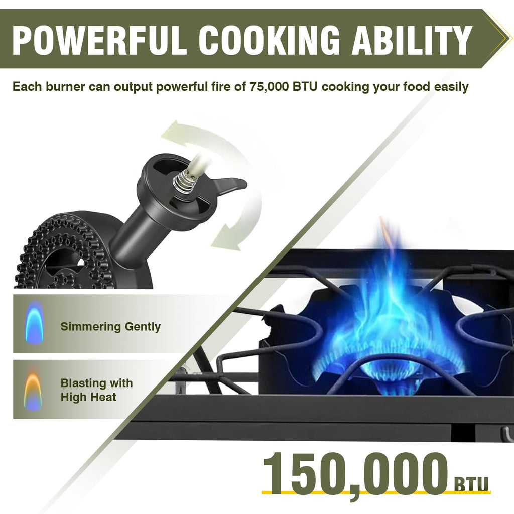 Bestfire 2 Burner Camping Stove,150,000 Btu High Pressure Outdoor Propane,4Ft 20 Psi Adjustable Regulator Hose With Removable Le