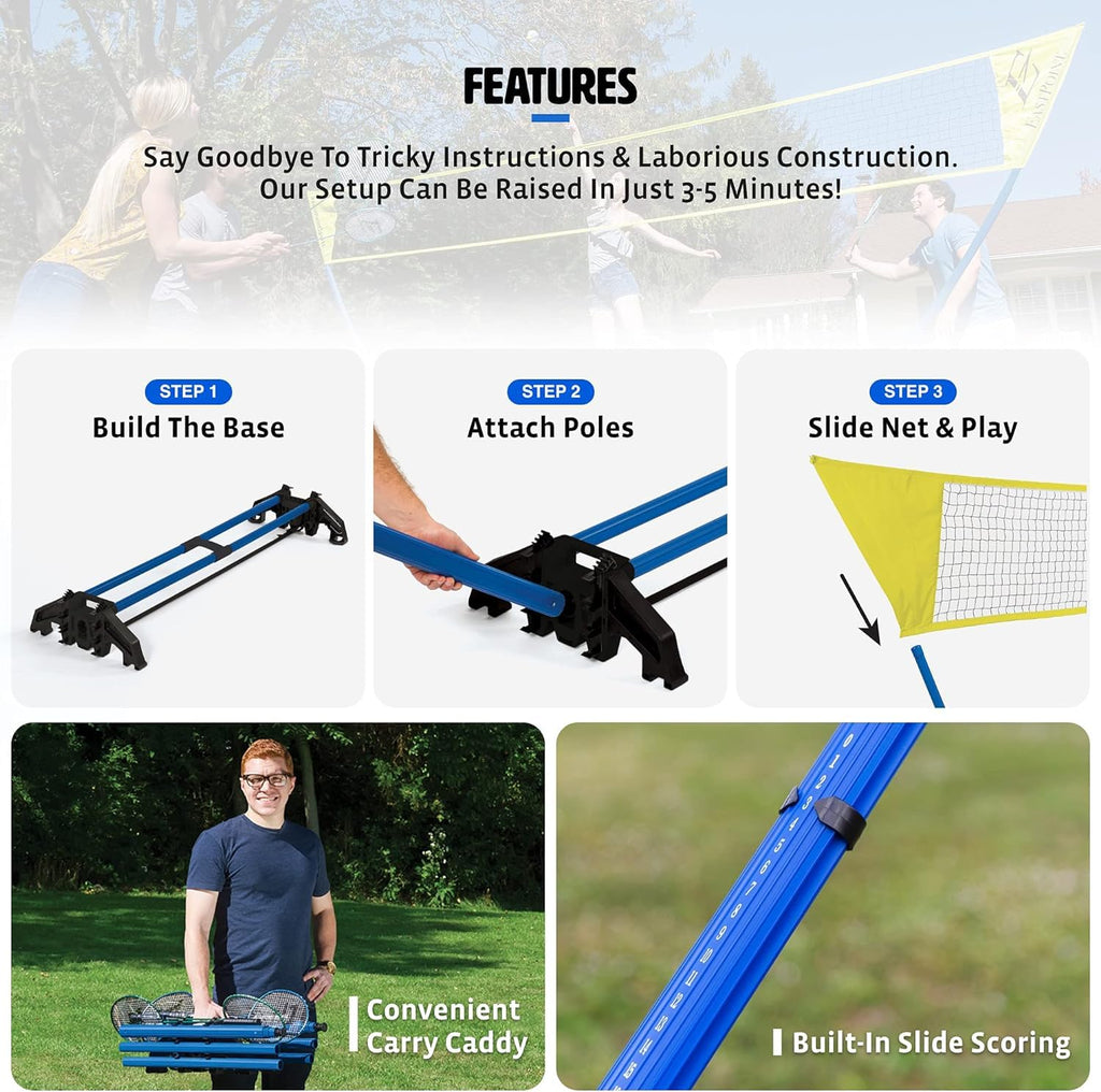 Eastpoint Sports Easy Setup Badminton Set - Backyard Outdoor Game For Family Fun - Includes 2 Racket & 2 Shuttlecocks