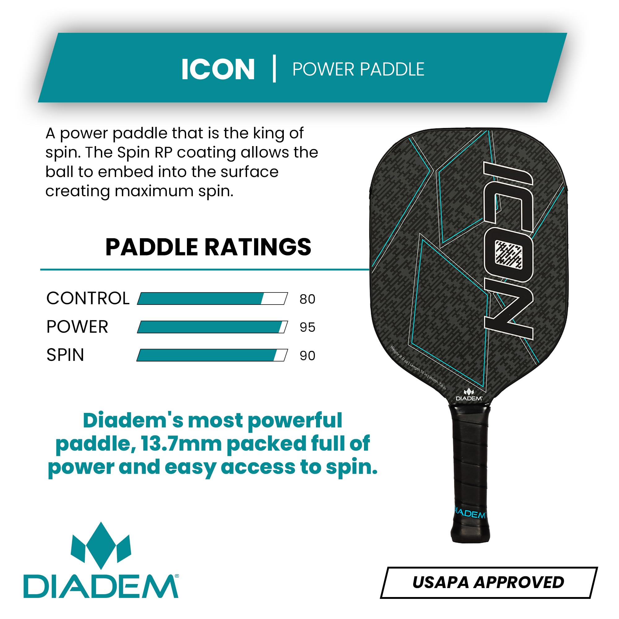Diadem Icon Pickleball Paddle (Black, Lite, 77Oz)  Graphite Carbon Fiber, Honeycomb Core, Fiberglass Face, Ultra Sleek Edge Guar