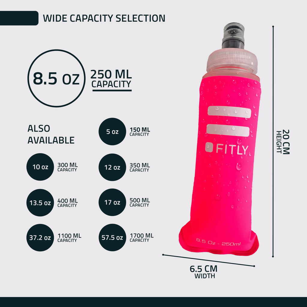FITLY Soft Flask - 8.5 oz (250 ml) - Shrink As You Drink Pocket Soft Water Bottle for Hydration Pack/Running Vest - Folding Wate