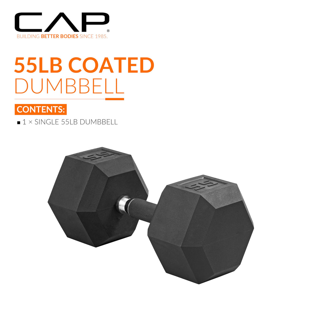 CAP Barbell 55 LB Rubber Coated Hex Dumbbell Hand Weight with Padded Grip - Single | Comfort Grip