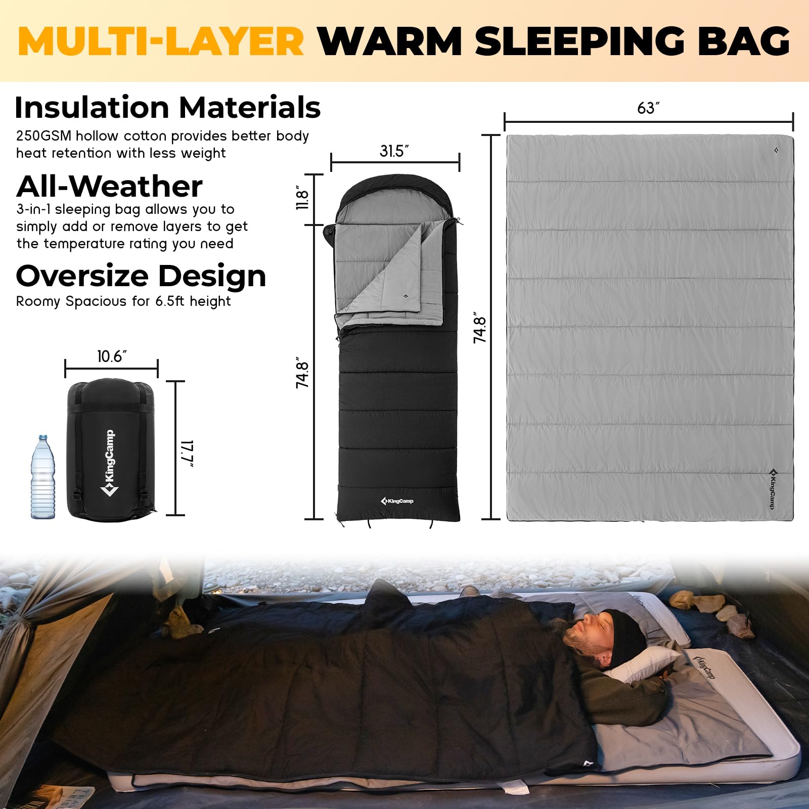 King Camp 3 In 1 Flannel Sleeping Bag For Adults, 3-4 Season Warm&Cold Weather Sleeping Bags, Washable Inner Lining, Large, Ligh
