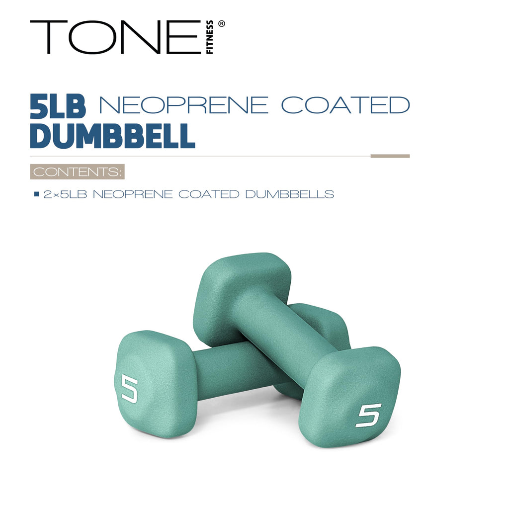 Tone Fitness 5 lb Neoprene Dumbbell Pair for Home Workouts - Non-Slip Design - Teal