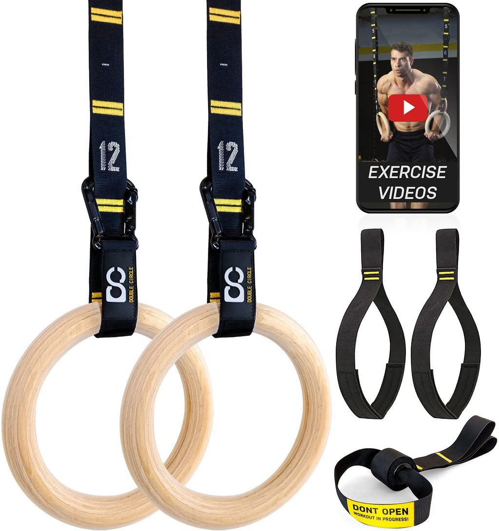 Double Circle Wood Gymnastic Rings With Quick Adjust Numbered Straps And Exercise Videos Guide - Full Body Workout - Calisthenic