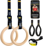 Double Circle Wood Gymnastic Rings With Quick Adjust Numbered Straps And Exercise Videos Guide - Full Body Workout - Calisthenic