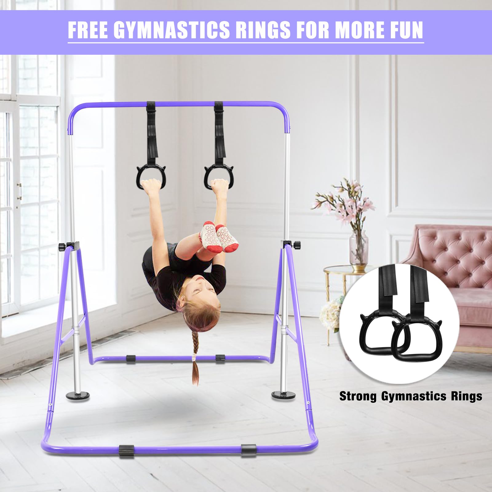 Beeyeo Gymnastic Bars, Folding Horizontal Bars With Rings, Adjustable Height Junior Training Bar Gymnastics Equipment For Home