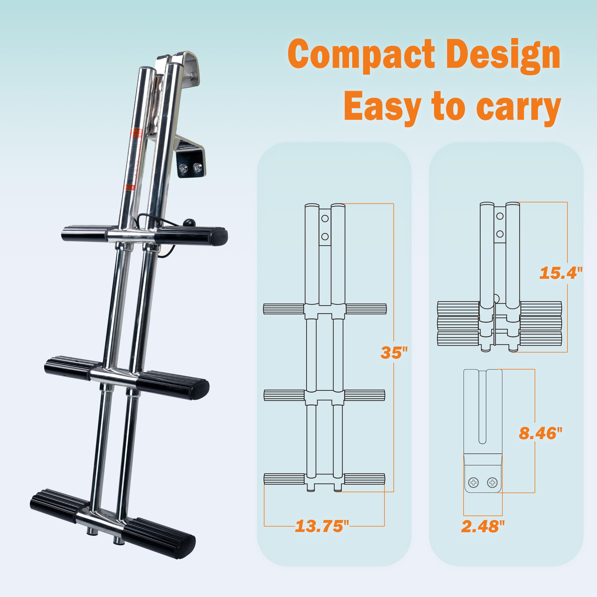 Xinkunmarine 3 Step Boat Ladder, Stainless Steel Dive Boarding Ladders For Bass Fishing Boats, Heavy-Duty With Non-Slip Treads