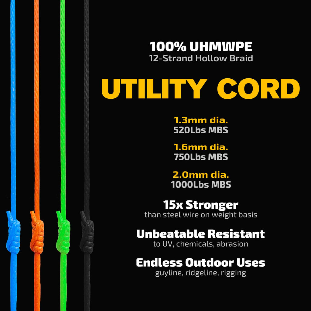 Emma Kites Black 1.3Mm Hollow Uhmwpe Braided Cord Spliceable Utility Cord Diy Leash Tent Tarp Guyline Hammock Ridgeline Whoopie