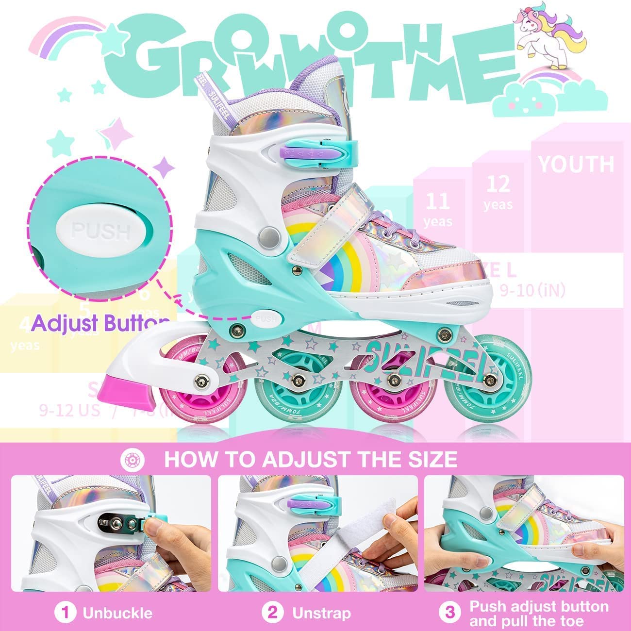 Sulifeel Rainbow Unicorn Inline Skates For Girls Boys 4 Size Adjustable Light Up Wheels Roller Blades For Kids Beginner Medium