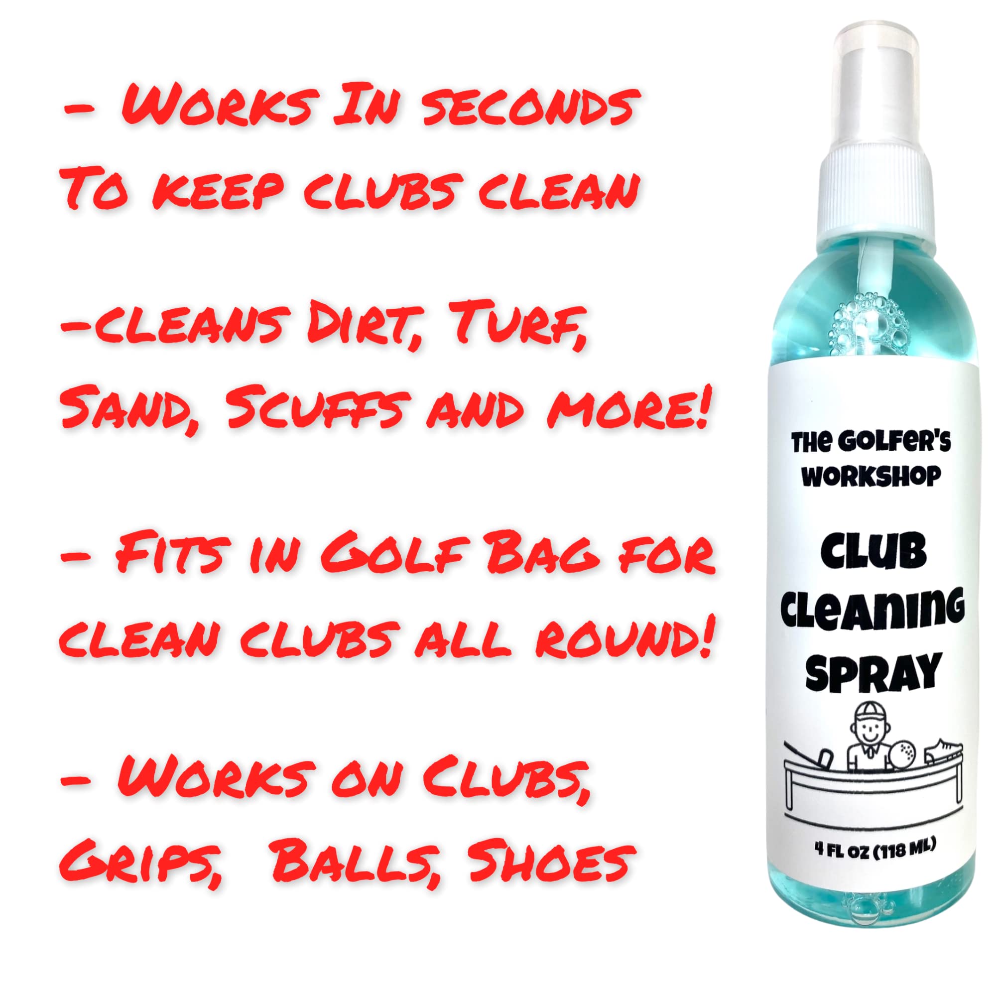 The Golfers Workshop 4Oz Club Cleaning Spray And Golf Club Brush With Groove Cleaner, 2Ft Retractable Zip-Line, Carabiner Clip (