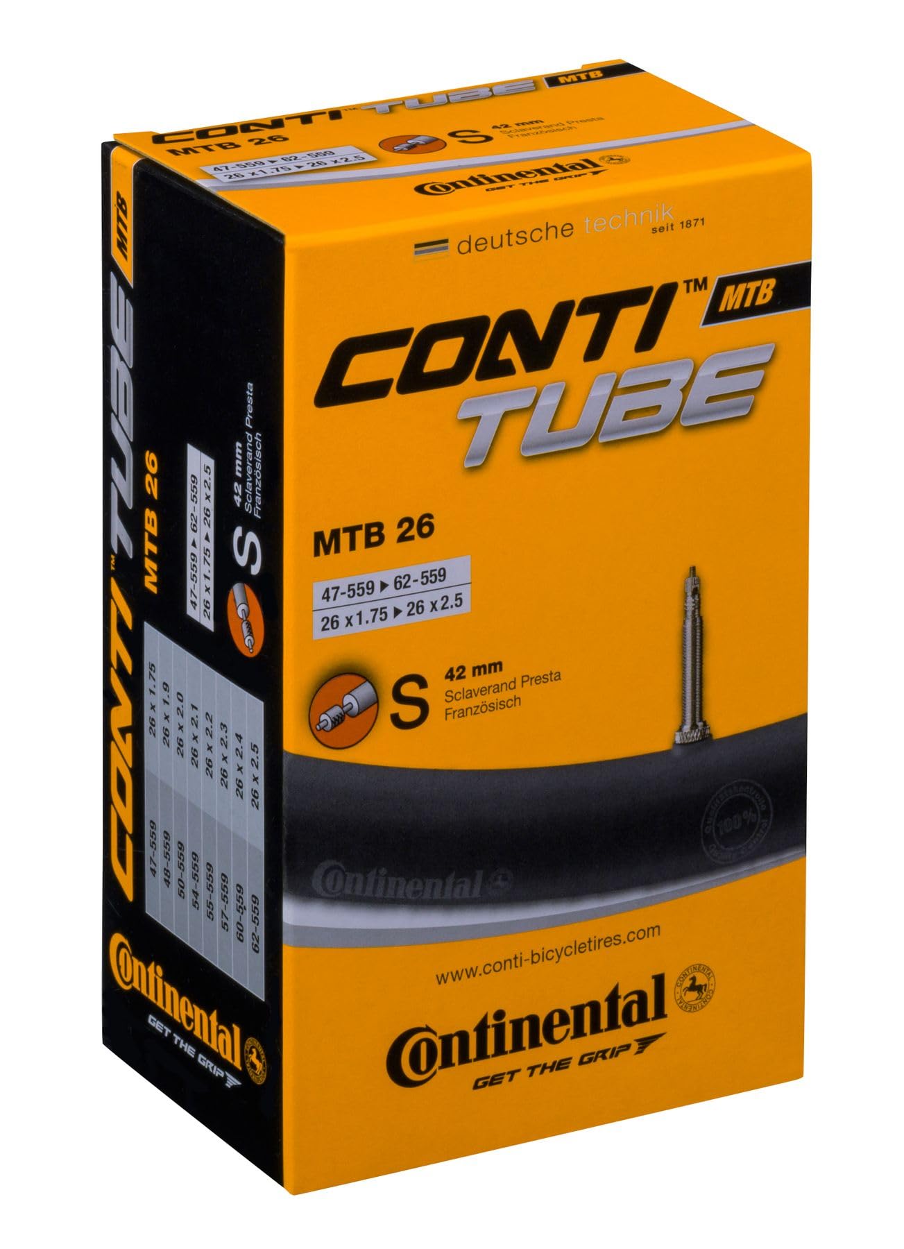 Continental Mtb 26X1.75-2.5 '' / 47-559 -> 62-559 Inner Tubes - 42Mm Presta Valve (Pack Of 2 Tubes)