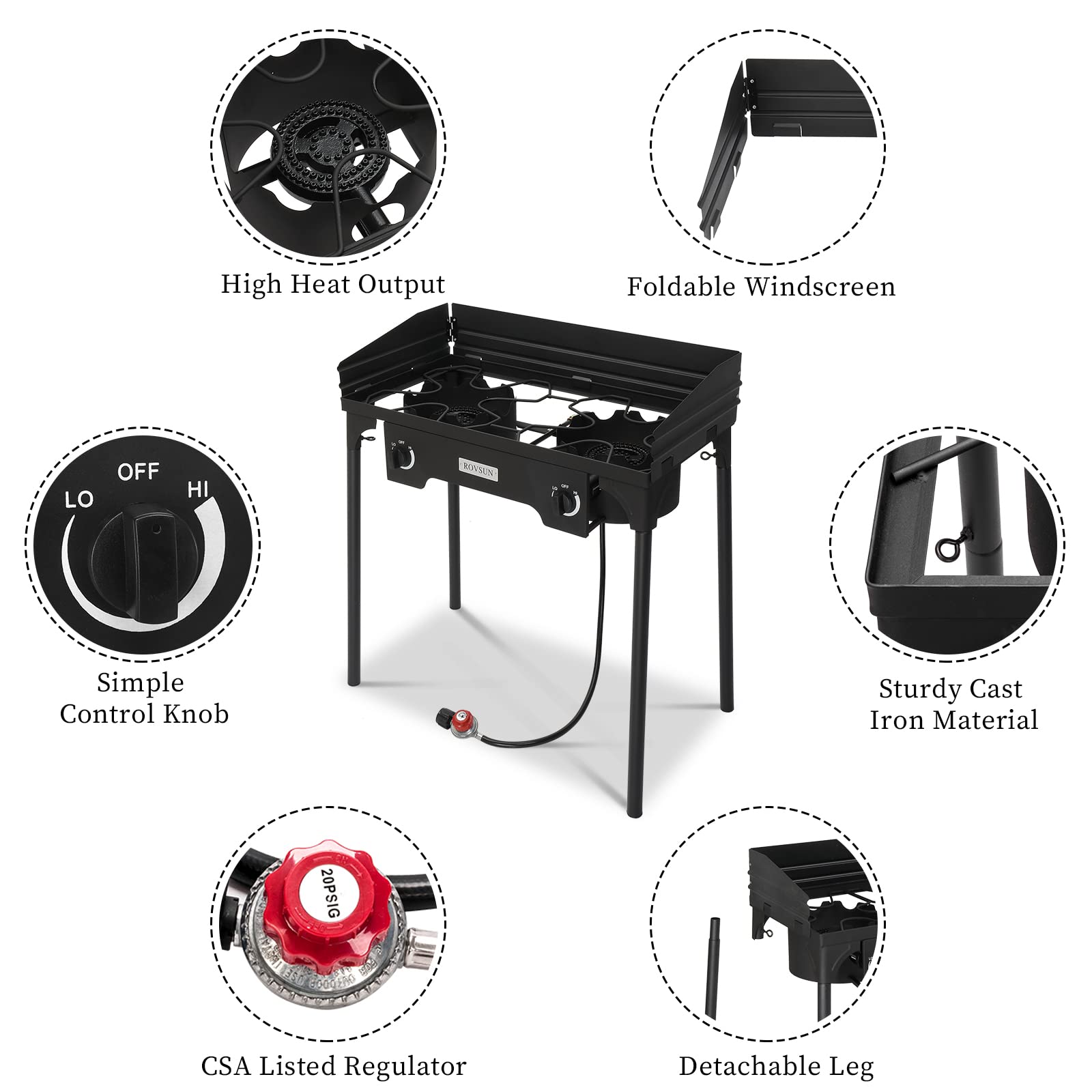 Rovsun 2 Burner Outdoor Propane Gas Stove With Windpanel, Carrying Bag & Regulator, 150,000 Btu Stand Cooker For Backyard Cookin