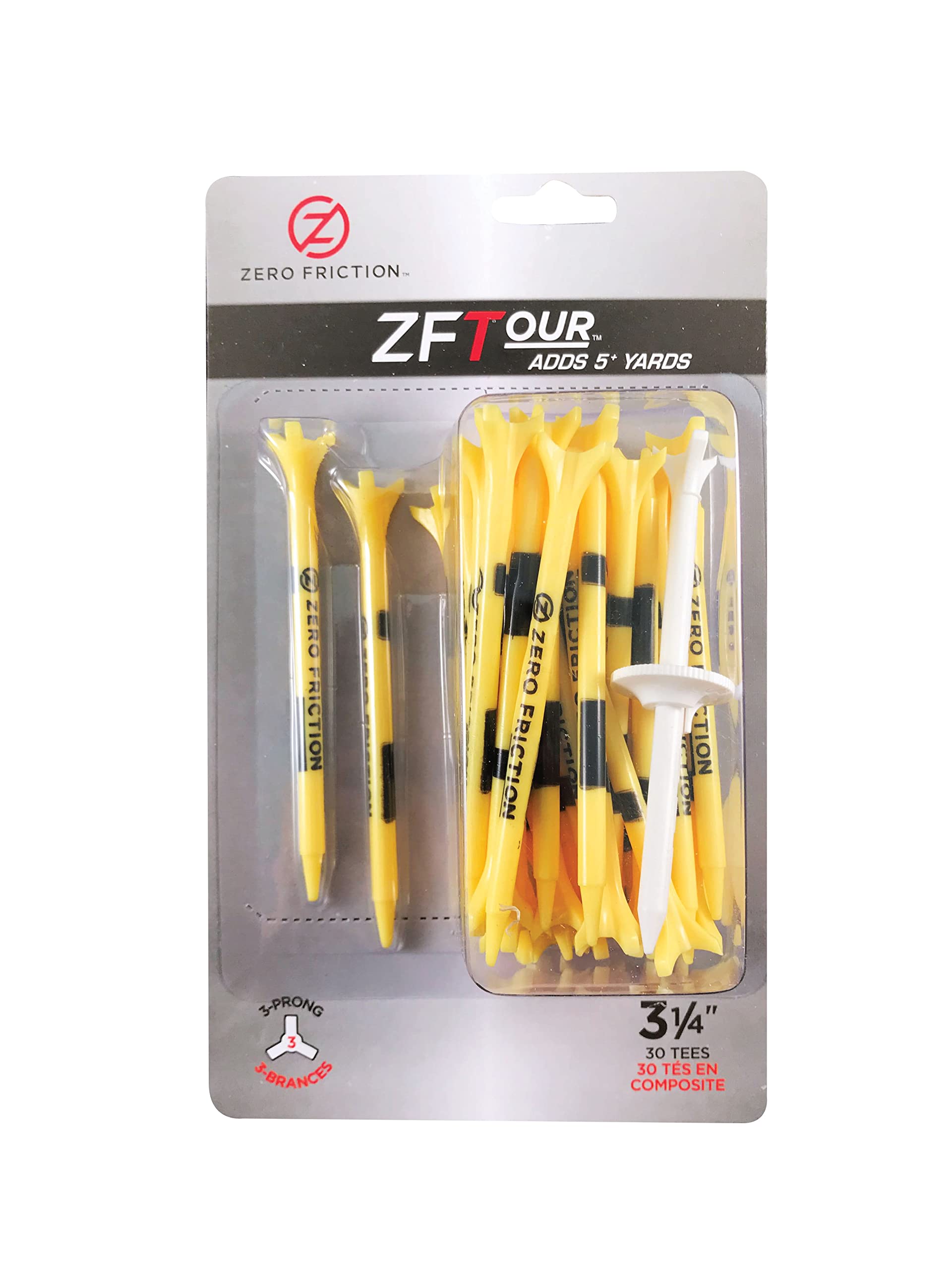Zero Friction Tour 3-Prong Golf Tees (3-1/4 Inch, Yellow, Pack Of 30)