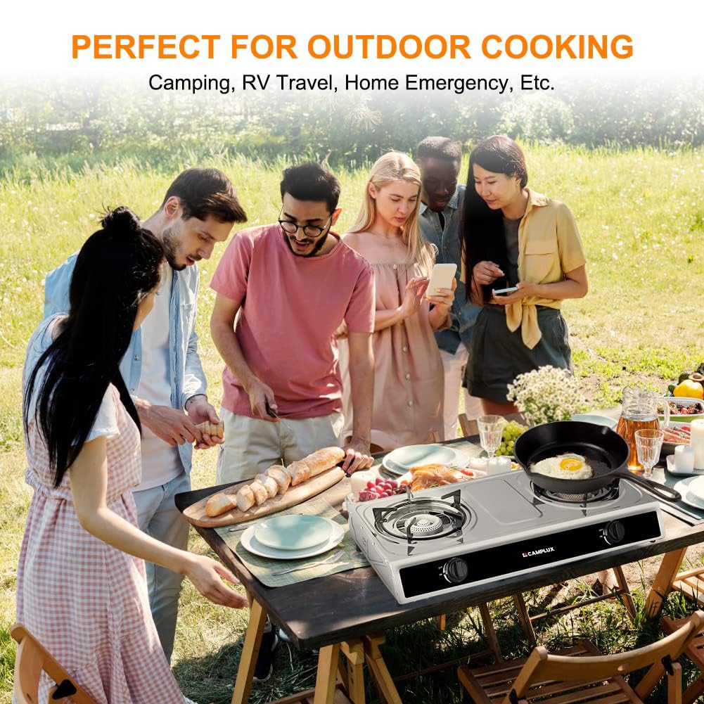 Camplux Camping Stove 2 Burners 19,600 Btu, Stainless Steel Gas Stove With Auto Ignition