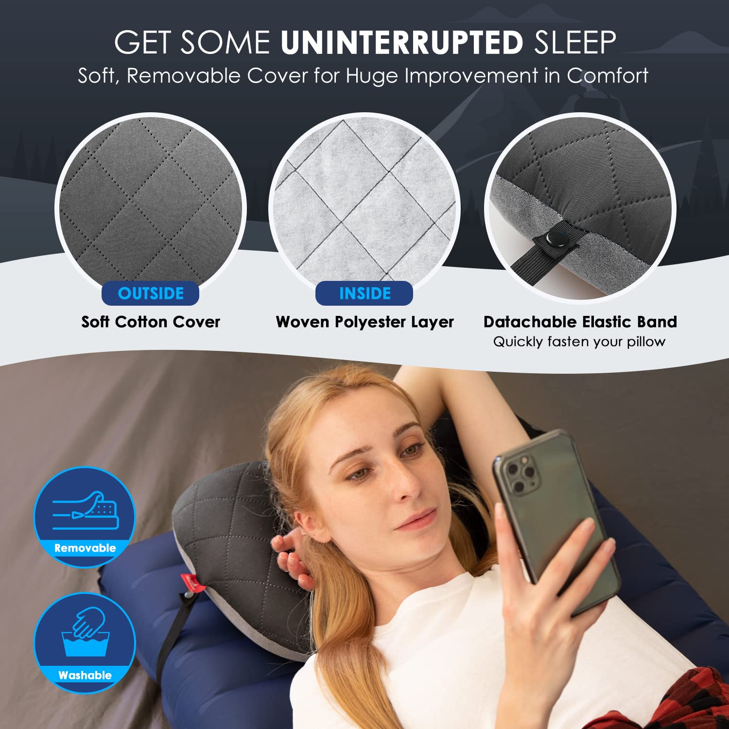 Hikenture Ultralight Inflatable Pillow With Removable Cover For Neck Lumber Support - Upgrade Washable Travel Air Pillows For Ca