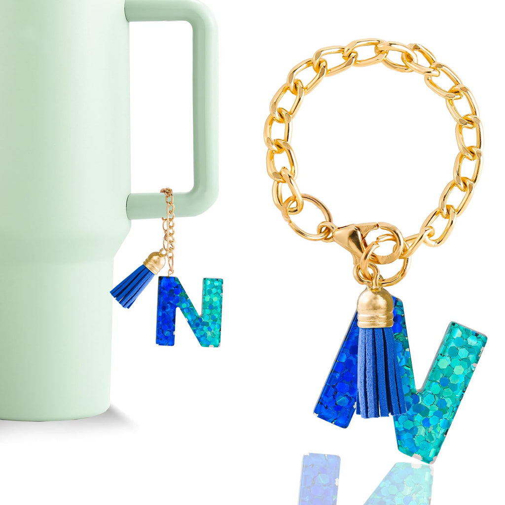 Letter Charm Accessories for Stanley Cup 1 PCS Cute Initial Keychain Handle Charm for Stanley Tumbler for Women Blue Letter N