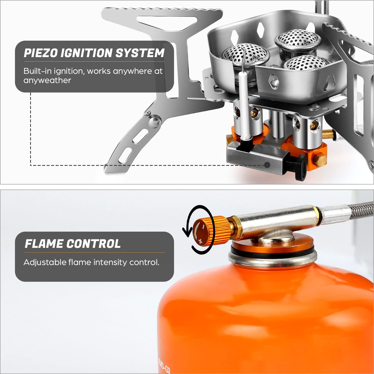 Odoland 6800W Windproof Camp Stove Camping Gas Stove With Fuel Canister Adapter, Piezo Ignition, Carry Case, Portable Collapsibl