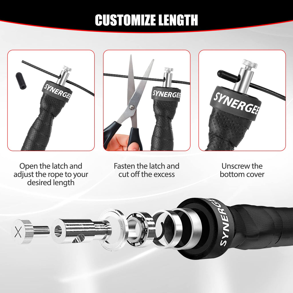 Synergee Jet Black Speed Jump Rope - (2) Adjustable 10 Ft Cable - Steel Ball Bearings - For Crossfit, Mma, Boxing & Fitness, Ant