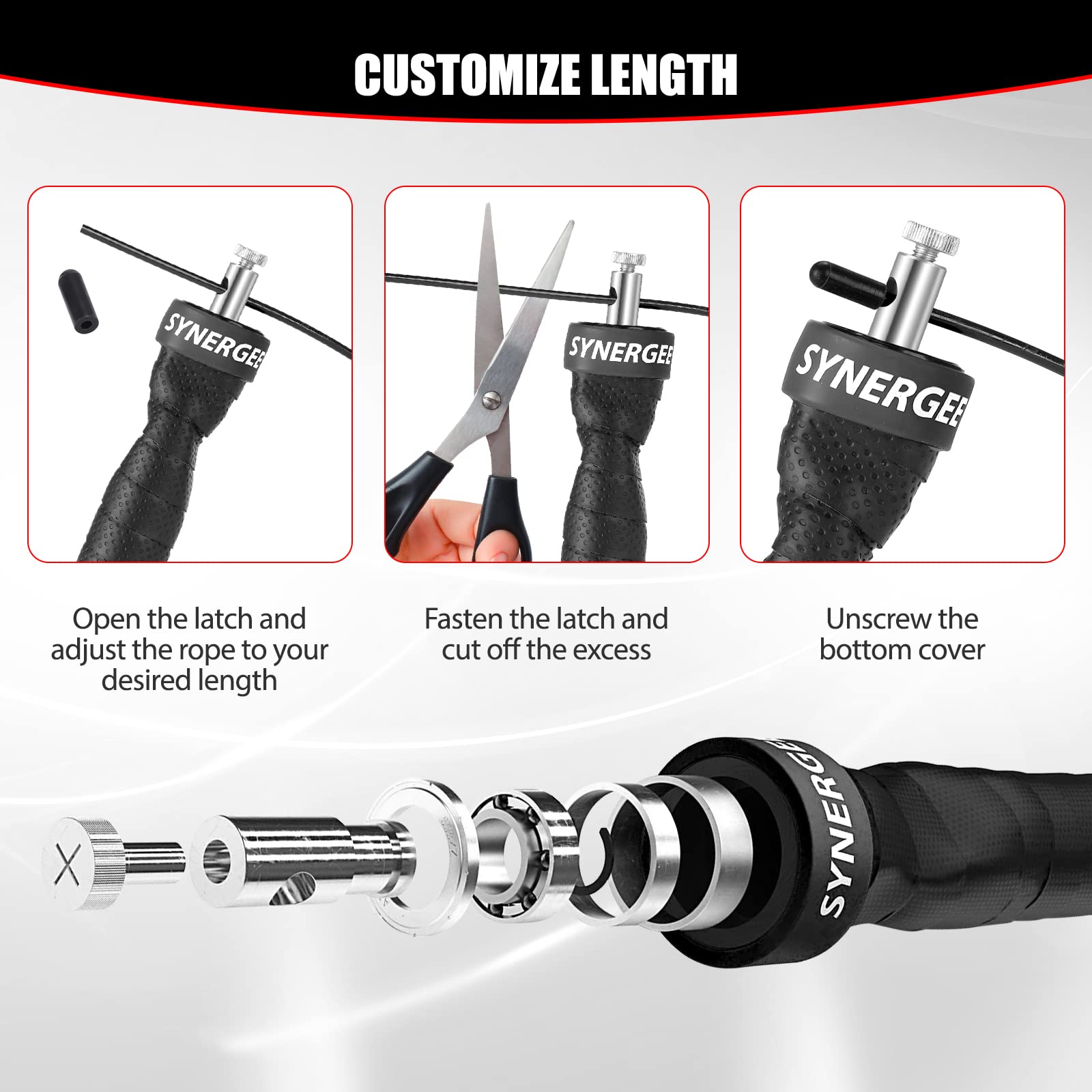 Synergee Jet Black Speed Jump Rope - (2) Adjustable 10 Ft Cable - Steel Ball Bearings - For Crossfit, Mma, Boxing & Fitness, Ant