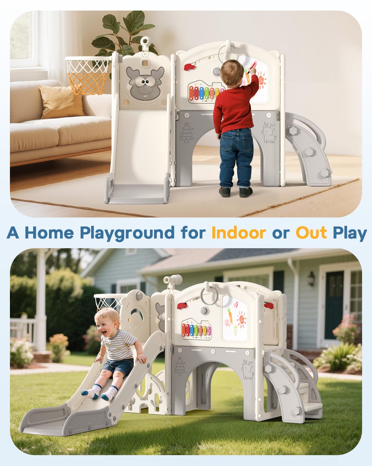 BIERUM Toddler Slide Set, 13 in 1 Kids Indoor Slide for Toddler 1-3, Indoor Outdoor Toddler Slide Playset with Basketball Hoop,