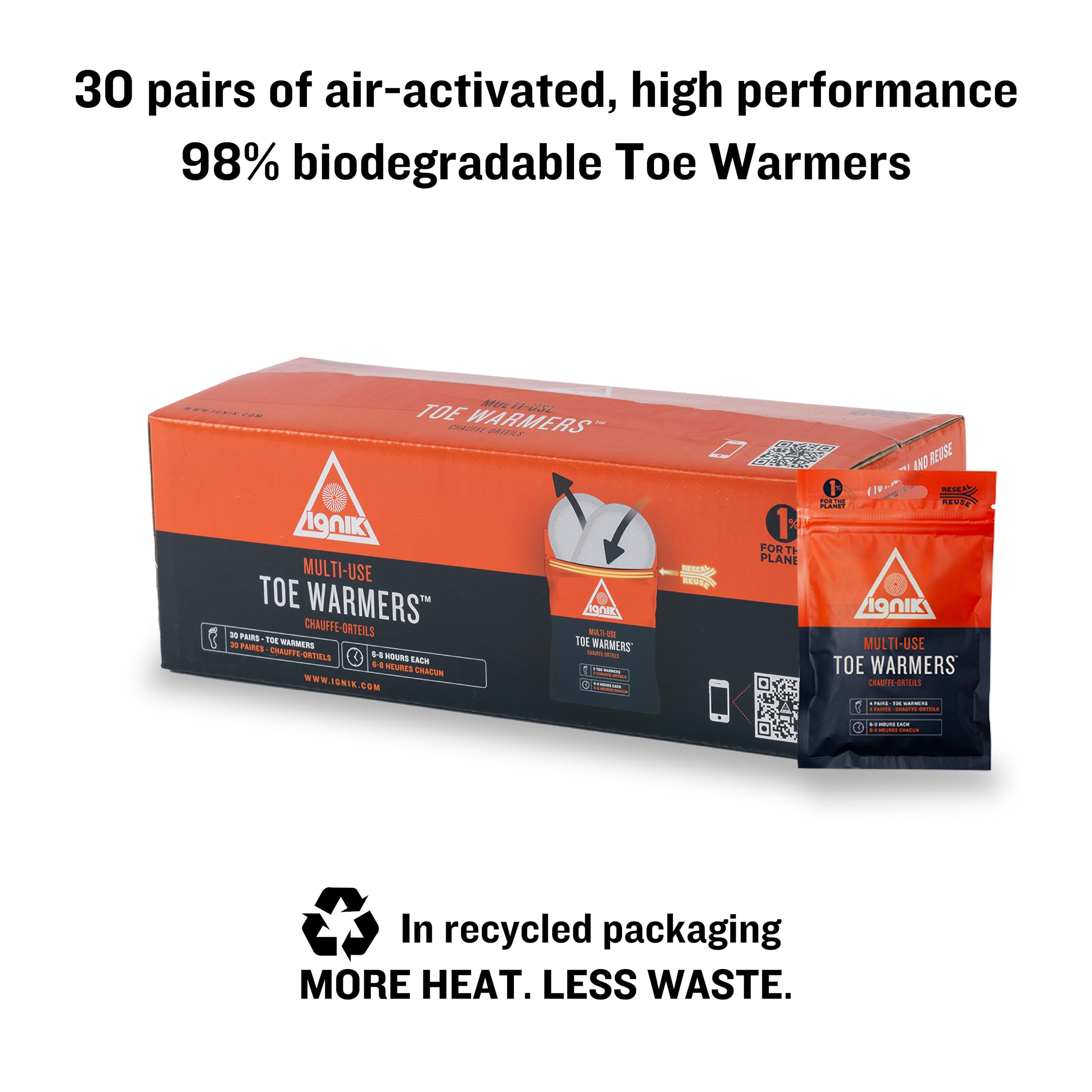 Ignik 8-Hour Compostable Toe Warmers With Resealable Airbarrier Pouch, 30 Pairs