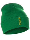 Daxton Vertical Usa Cities Cuffed Beanie Winter Knit Hat Skully Cap, Seattle Kelly Gold