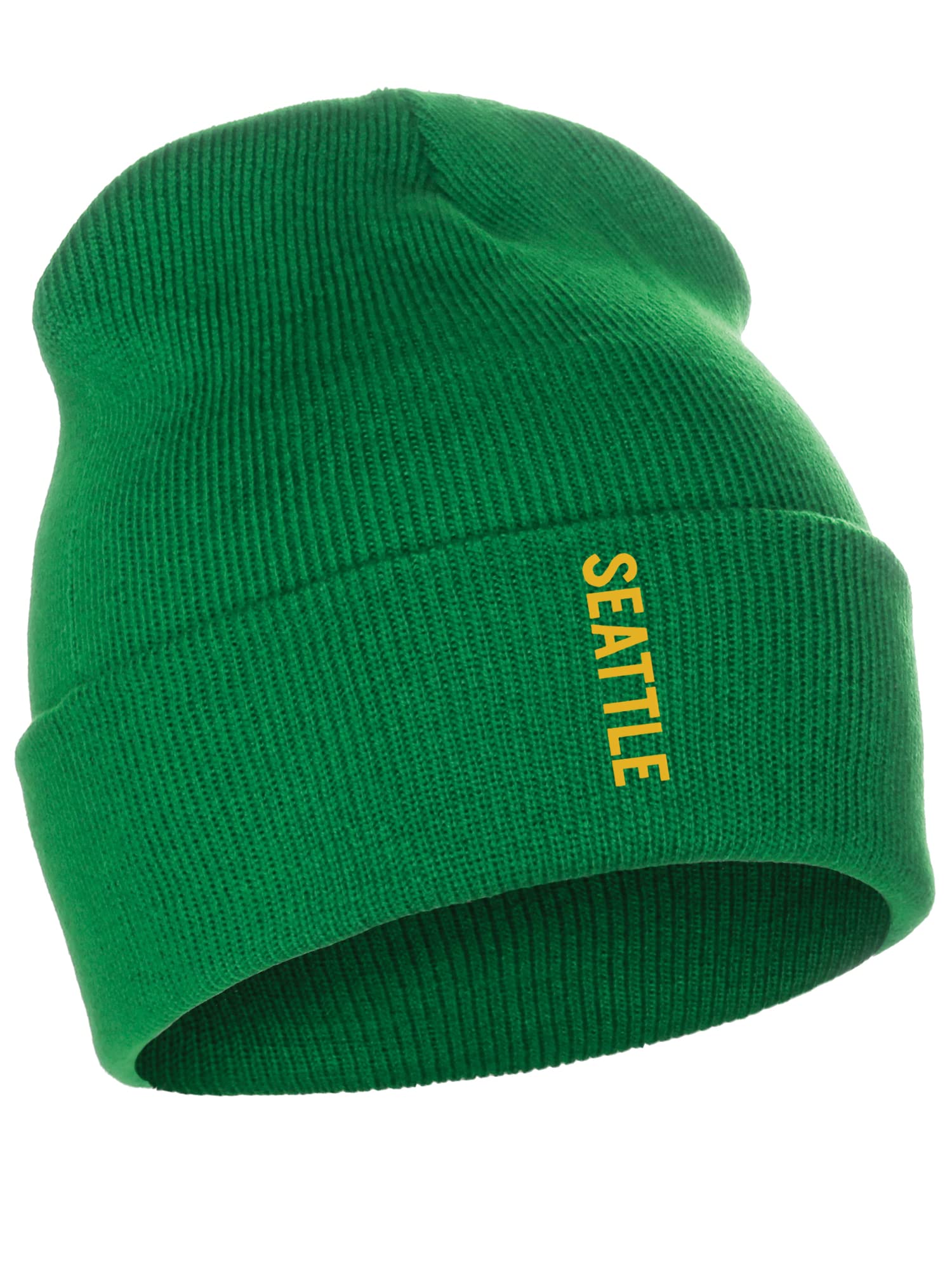 Daxton Vertical Usa Cities Cuffed Beanie Winter Knit Hat Skully Cap, Seattle Kelly Gold
