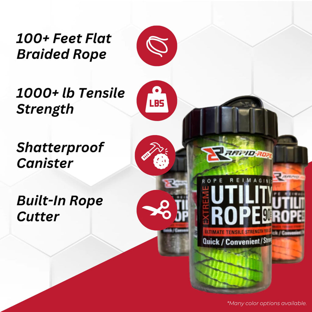 Rapid Rope Canister 70Ft Red Flat Tactical Paracord, Made In Usa, 1100Lb Tested Heavy Duty Poly Rope Test Cord, Non-Tangle Dispe