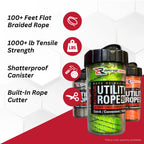 Rapid Rope Canister 70Ft Red Flat Tactical Paracord, Made In Usa, 1100Lb Tested Heavy Duty Poly Rope Test Cord, Non-Tangle Dispe