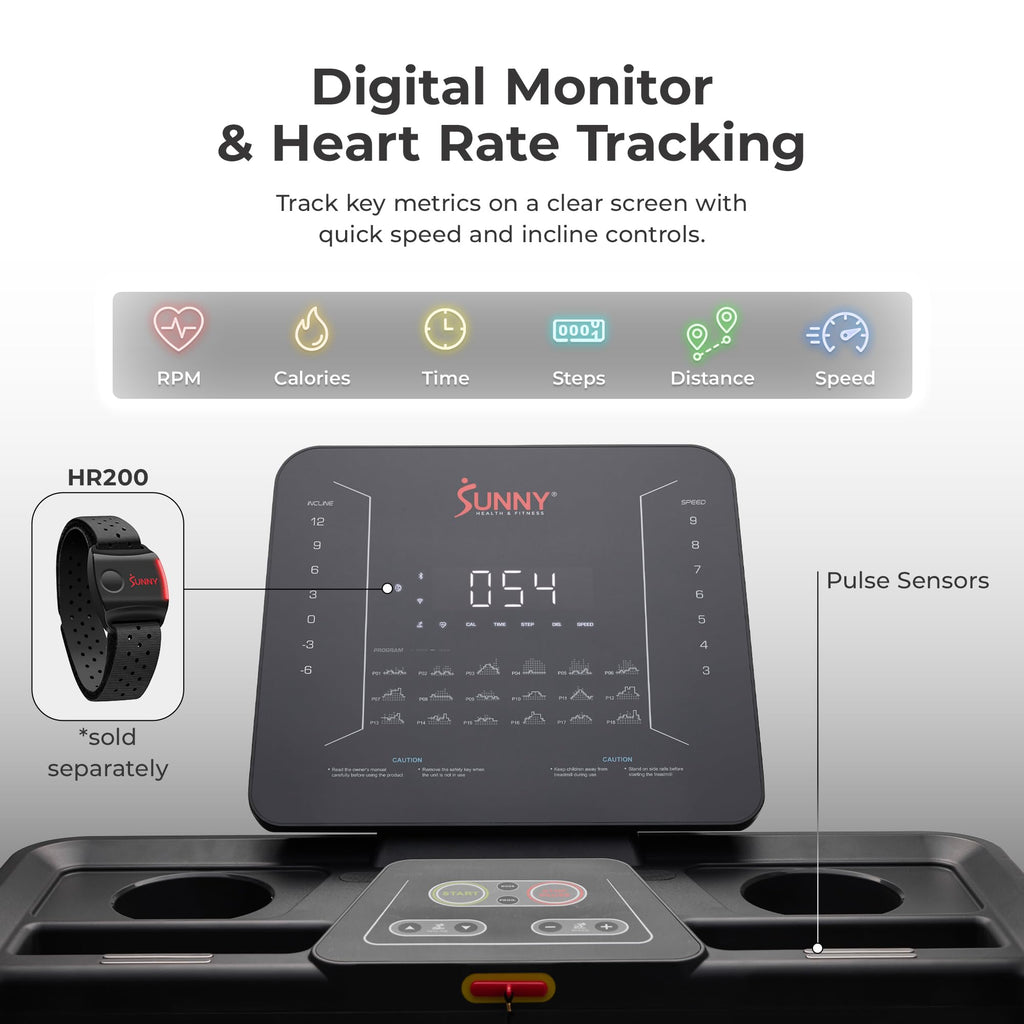 Sunny Health & Fitness Excel Smart Auto Incline/Decline for Home Use, 20    Wide Running and Walking Deck, Flex Shock Suspension