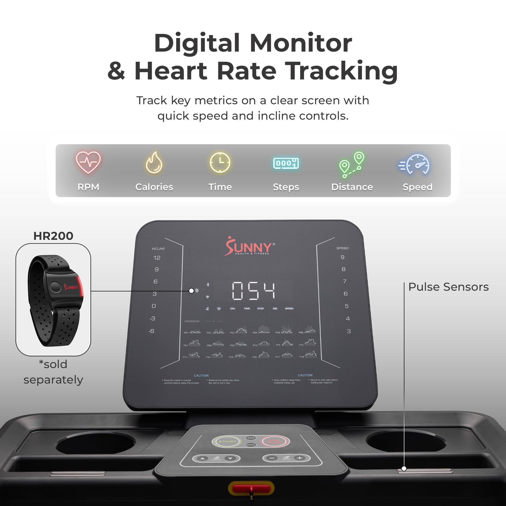 Sunny Health & Fitness Excel Smart Auto Incline/Decline for Home Use, 20    Wide Running and Walking Deck, Flex Shock Suspension