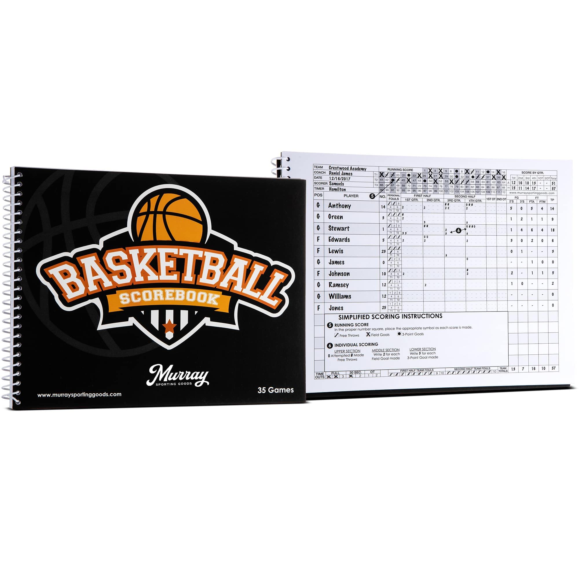 Murray Sporting Goods Basketball Scorebook - 35 Games Score Book Side By Side Score Keeping Book For Stats  Basketball Stat Trac