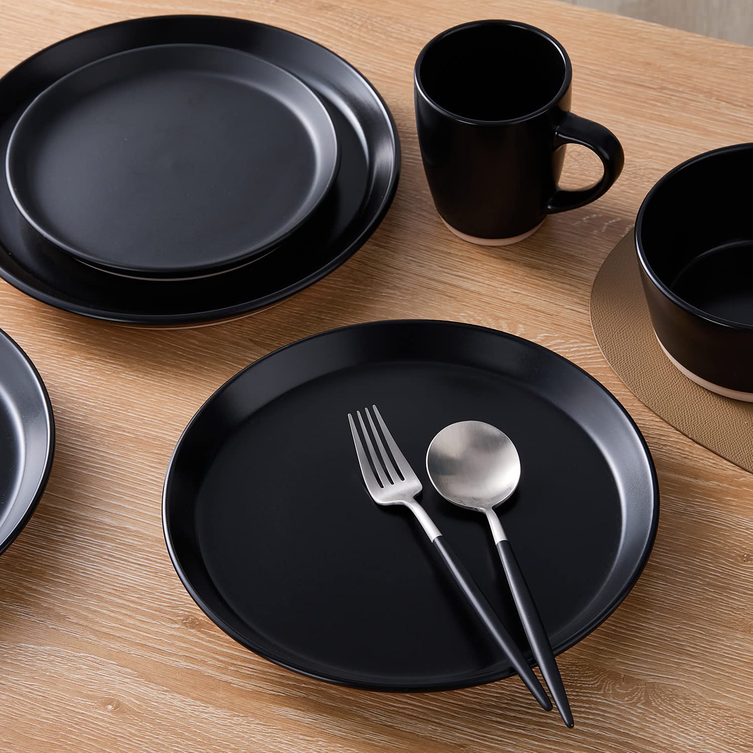 Stone Lain Jules Stoneware Round Dinnerware Set, Black,16-Piece Service For 4
